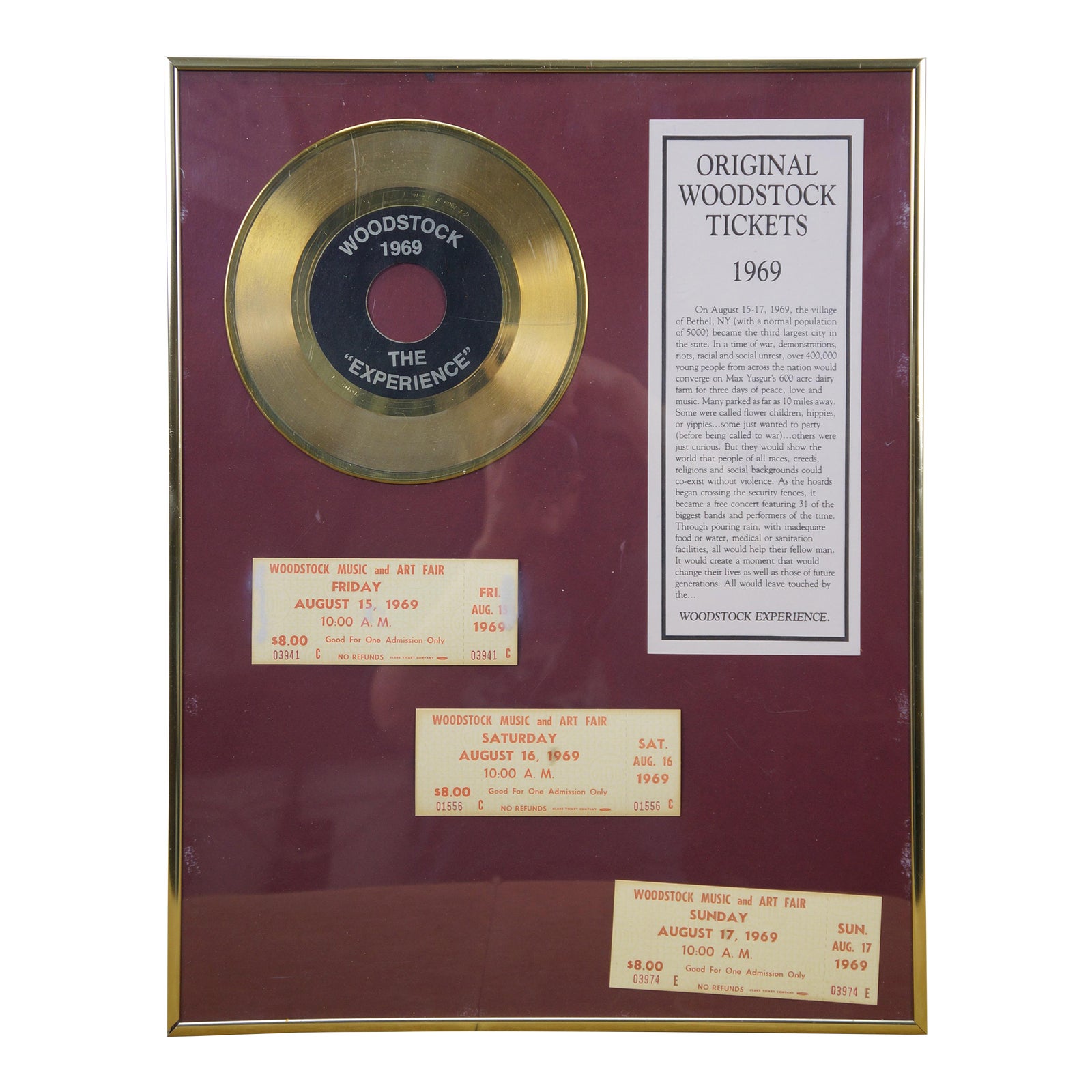 3 Original 1969 Woodstock Tickets W the Experience Lp Record & Coa ...