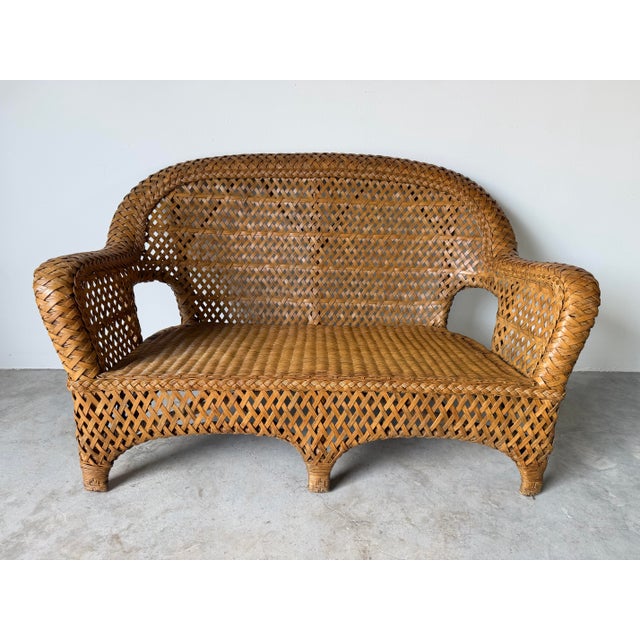 Wood Vintage Coastal Rattan & Wicker Loveseat With Original Cushions For Sale - Image 7 of 12