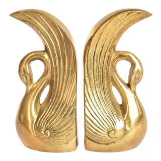 Mid-Century Brass Swan Bookends- a Pair For Sale
