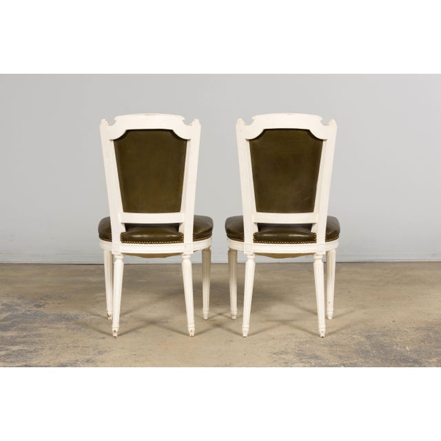 Antique French Louis XVI Style Painted Chairs With Olive Green Leather - A Pair For Sale - Image 18 of 18