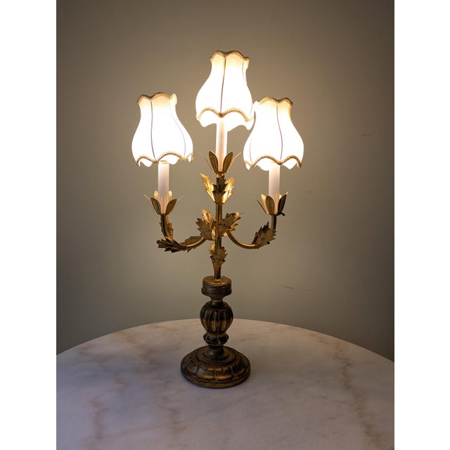 Vintage Italian Three-Light Candlestick Gilt Table Lamps a Pair For Sale - Image 4 of 10