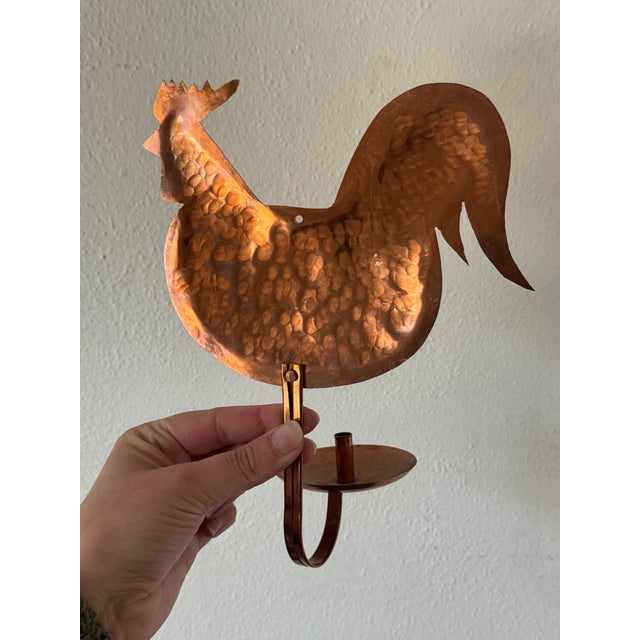 Metal Vintage Hand-Hammered Copper Rooster Wall Sconce – Folk Art Farmhouse Candle Holder For Sale - Image 7 of 10