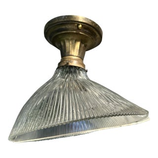 Vintage Cast Brass Flushmount Fixture With Asymmetrical Holophane Shade For Sale