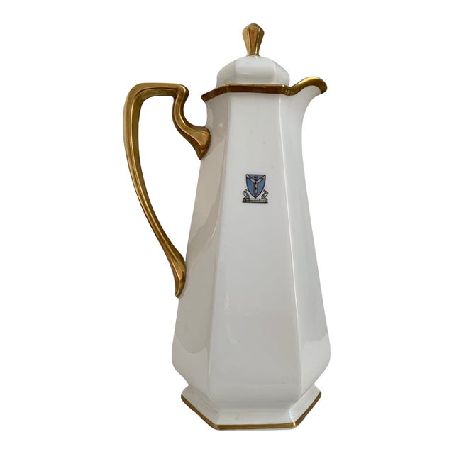 Antique Bernardaud Limoges “Ye Canterbury” Armorial Gilt Porcelain Coffee Pot For Sale