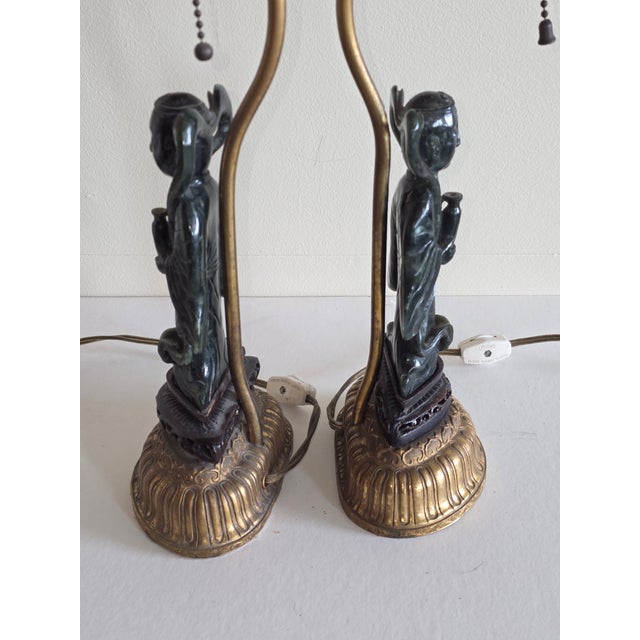 Pair of Carved Jade Figural Lamps For Sale - Image 10 of 12