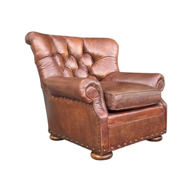 Contemporary English Chesterfield Style Tufted Leather Armchair & Ottoman For Sale - Image 3 of 14