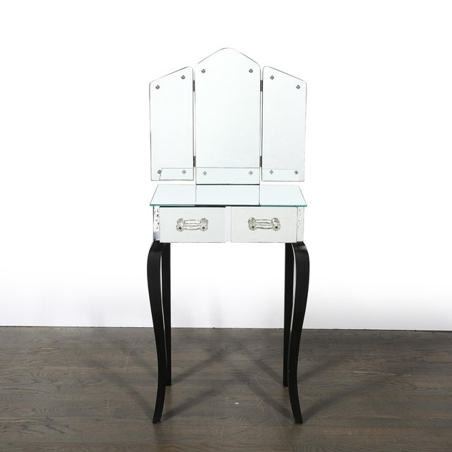 Wood Art Deco Hollywood Mirrored Trifold Ebonized Cabriole Leg Vanity W/ Glass Pulls For Sale - Image 7 of 18