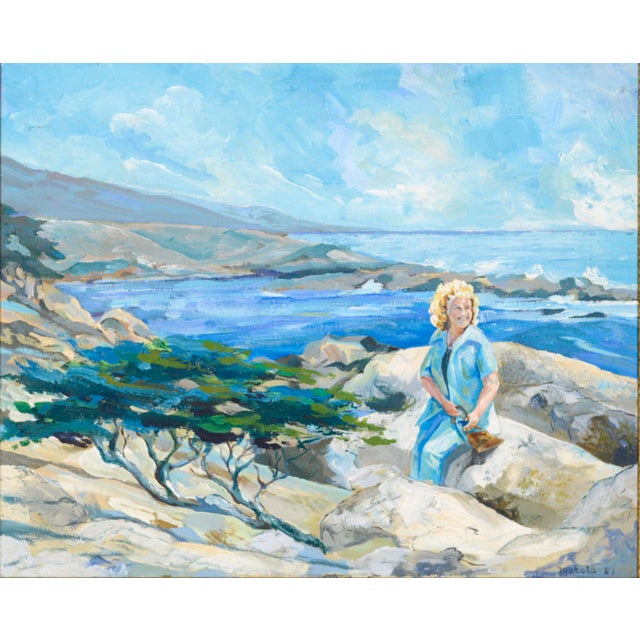 Pacific Grove looking to Big Sur Ocean by Matola Crashing waves and Cypress Trees and a woman in the sun on the Pacific...
