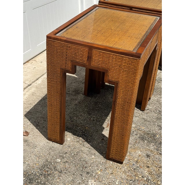 Mid-Century Modern MCM Harrison Van Horn Style Woven Rattan Parsons Side Tables - A Pair For Sale - Image 3 of 12