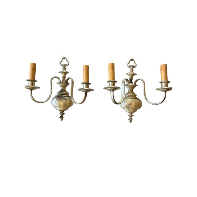 Metal Antique Silver Plate Double Wall Sconces - a Pair For Sale - Image 7 of 8