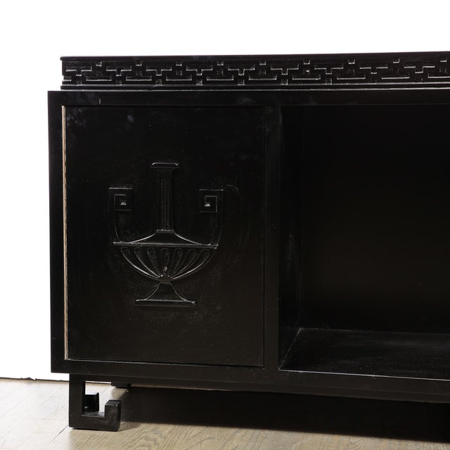 Mid-Century Modern Mid-Century Sideboard in Black Lacquer With Greek Key Detail by James Mont For Sale - Image 3 of 12