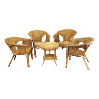 Vintage Italian Rattan and Wicker Lounge Set, 1950s, Set of 5 For Sale