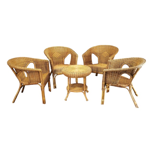 Vintage Italian Rattan and Wicker Lounge Set, 1950s, Set of 5 For Sale