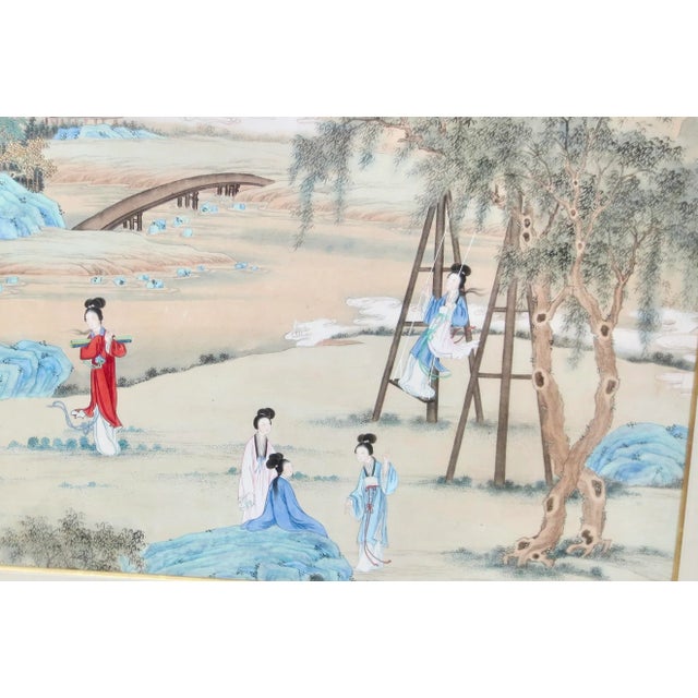 Paint Chinese Maidens in a Landscape Watercolor For Sale - Image 7 of 10