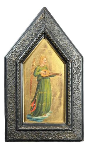 Italian School Artist, Angel Musician, 1800s, Oil on Panel with Gold Leaf