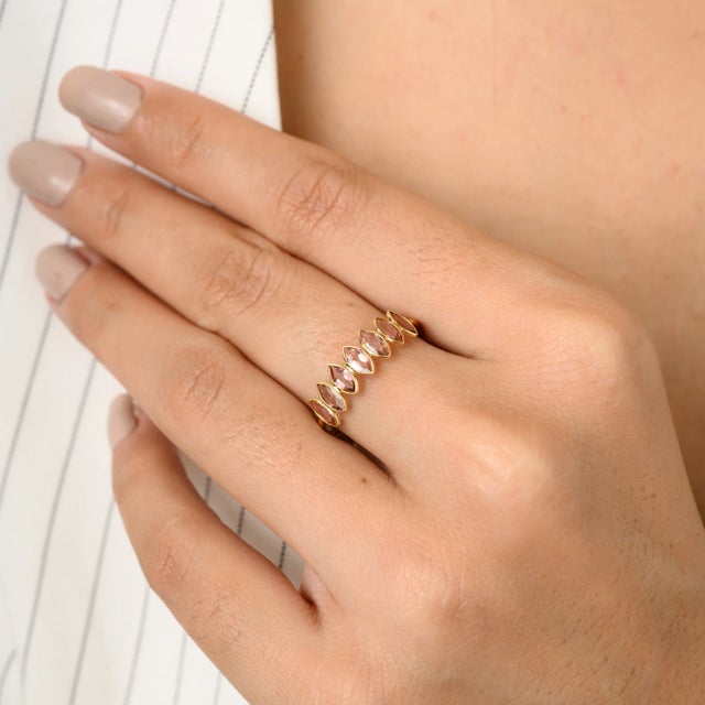 Art Deco Marquise Cut Pink Tourmaline Half Band Ring for Her Size 8 For Sale - Image 3 of 10