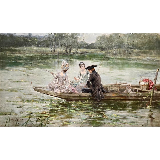 Leon Moran—Elegant Figures Fishing on the Water-19th-Century American Romantic Oil Painting For Sale - Image 4 of 14