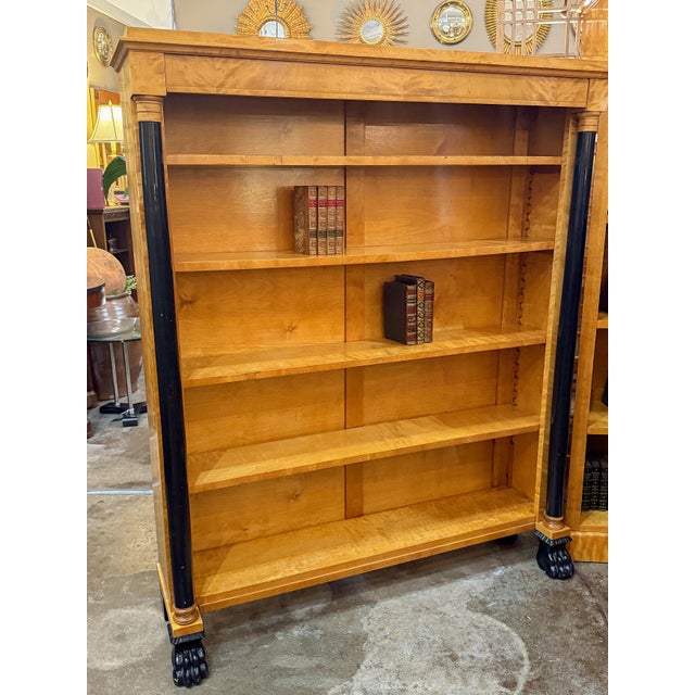 Biedermeier Open Bookcases of Curly Maple With Ebonized Columns - Two Available For Sale - Image 10 of 16