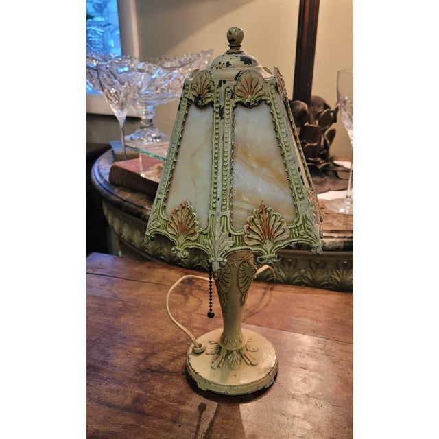 Fine antique small art deco 1920 boudoir lamp. Made of painted metal and slag glass painting in cream tone with salmon...