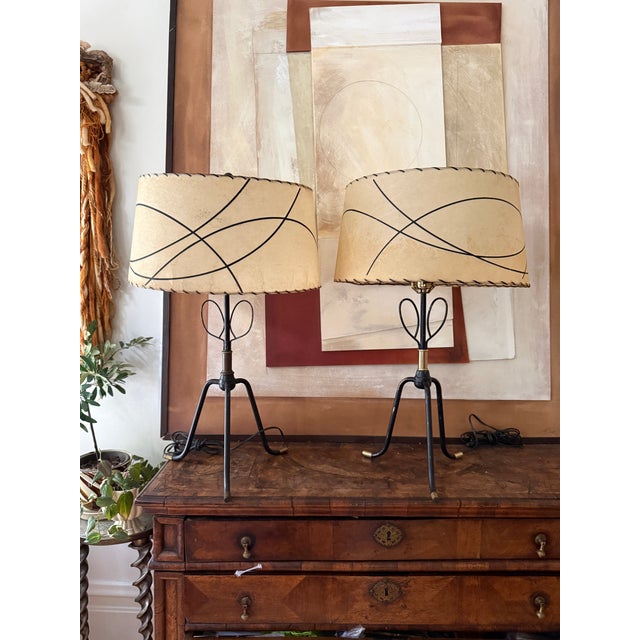 Mid-Century Modern Mid Century Modern Metal Table Lamps With Original Shades Sculptural Iron Base - A Pair For Sale - Image 3 of 12