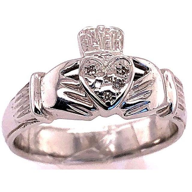 14 Karat White Gold Claddagh Diamond Ring, Size 13 For Sale - Image 4 of 9