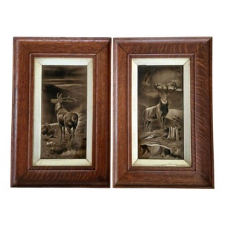 Victorian Era Collectibles with Images of Deer, 1800s, Paintings, Framed, Set of 2 For Sale