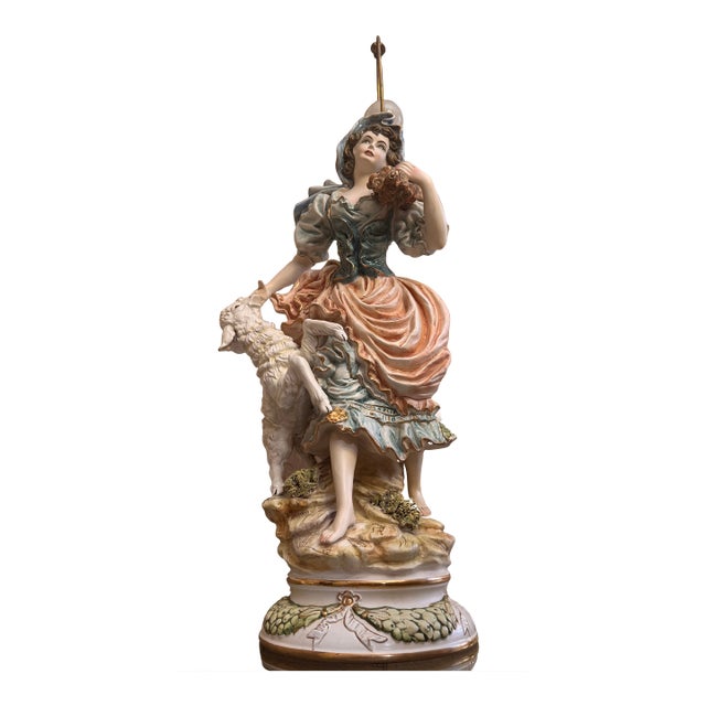 Vintage Italian Capodimonte-Style Hand Painted Porcelain Pheasant Lady With Lamb Figurine Lamp For Sale