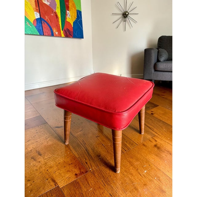 Atomic Mid Century Modern Red Vinyl Footstool Ottoman-Tapered Wood Legs-MCM For Sale - Image 6 of 8