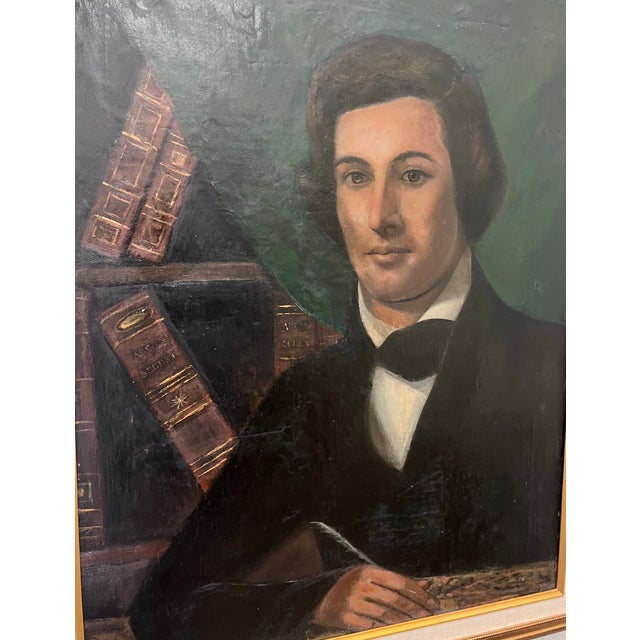 Original Oil Painting. Late 1800s. Portrait of a young gentleman writing at a desk in a study or library. Beautifully...