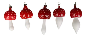 Mushroom Christmas Tree Ornaments in Red and White Glass, 1970s, Set of 5