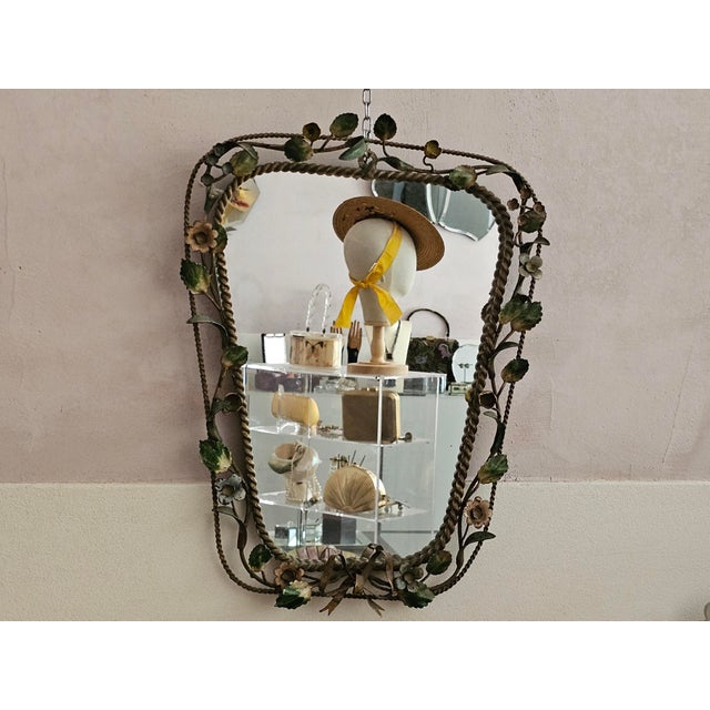 Italian Hand-Painted Floral Wrought Iron Mirror with Ribbon Motif, 1950s For Sale - Image 10 of 10