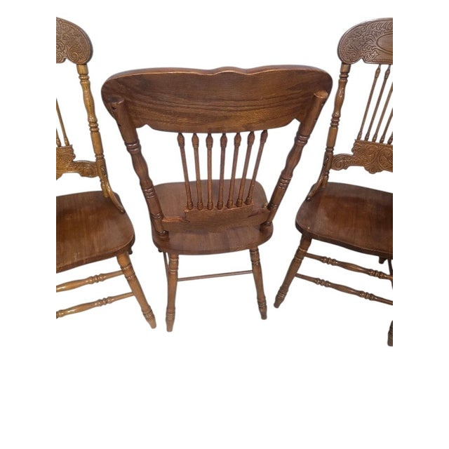 Late 20th Century Vintage Solid Oak Carved Pressed-Back Dining Chairs, Set of 4, Early American Farmhouse For Sale - Image 5 of 6