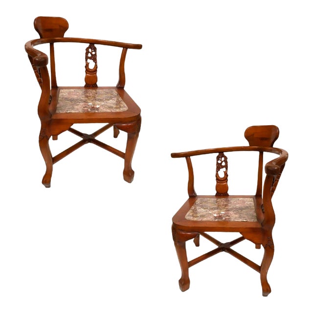 Rosewood Horseshoe Chair With Marble Seat by James Mont, Pair For Sale