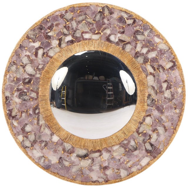 Mid-Century Modern Large Violet Mica and Gilt Resin Convex Wall Mirror, Contemporary For Sale - Image 3 of 5
