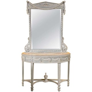 Swedish Style Marble Top Gray Console with Mirror For Sale