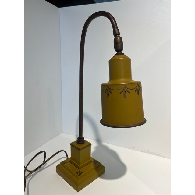 Mustard 1940s French Metal Tole Mustard Desk Lamp With Toleware Paint & Shade For Sale - Image 8 of 10