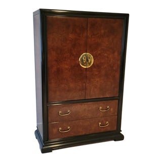 Vintage Bernhardt Asian Burlwood Black Lacquer Armoire Gentleman's Chest For Sale