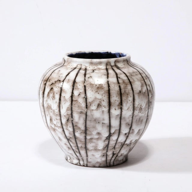 Ceramic Mid-Century Modernist White and Earth Toned Ceramic Vase With Bowed Line Work For Sale - Image 7 of 13