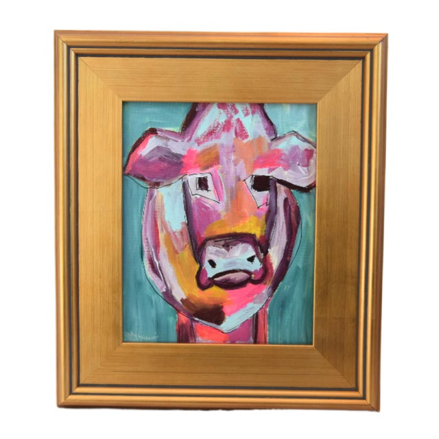 2020s Colorful Abstract Cow Bull Portrait Painting Including the Antiqued Gold Wood Frame For Sale - Image 5 of 5