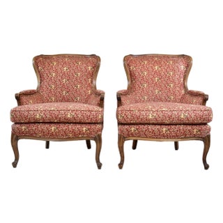 Carved Walnut Bergere Chairs, Louis XV Style, Upholstered, Usa For Sale
