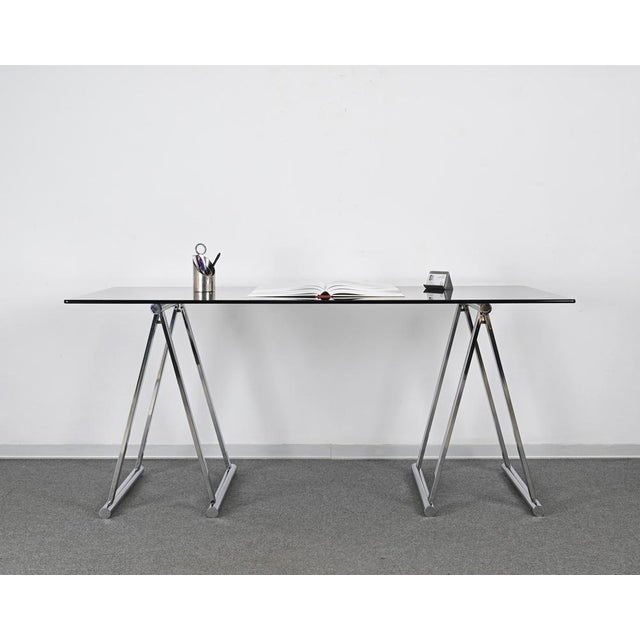 Wonderful pair of Mid-Century four-leg chromed steel trestles. These elegant trestles were designed in Italy in the style...