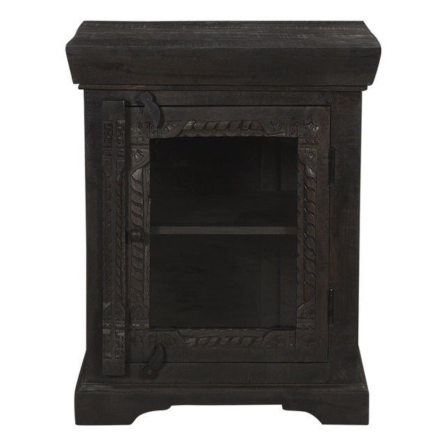 1990s Transitional Style Solid Wood Hand Carved Nightstand With Glass Door For Sale