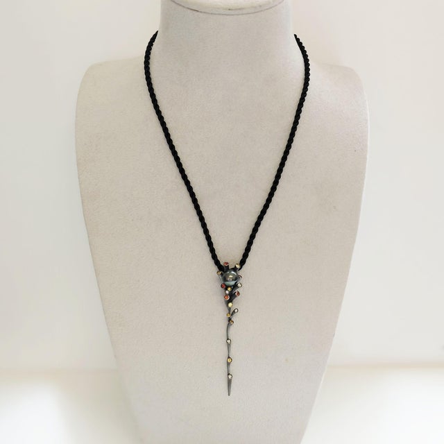 Tahitian Pearl Pendant Cord Necklace With Gem-Set Textured Flutes in Black Rhodium 18ct Gold For Sale - Image 4 of 6