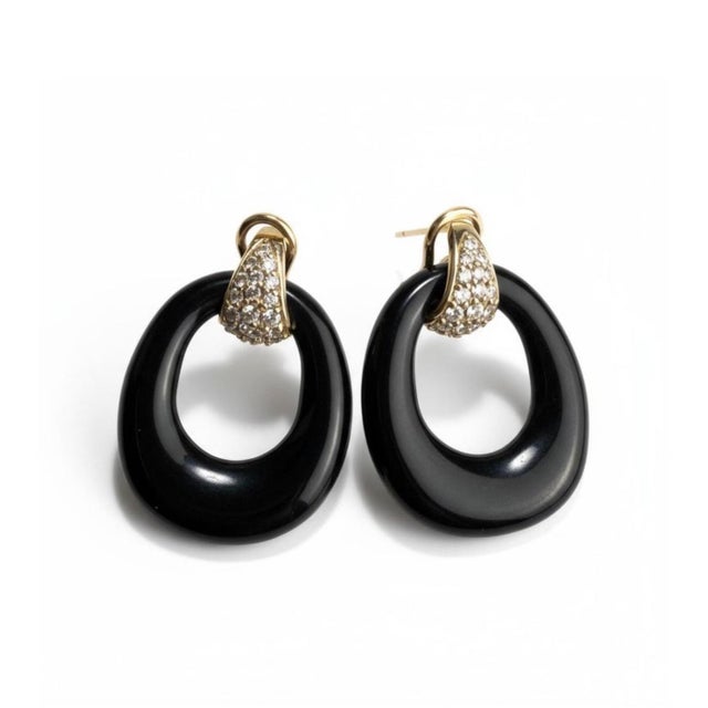 Modern 14k Yellow Gold Door Knocker Earrings, 0.58ct Diamond & Onyx, New, A Pair For Sale - Image 3 of 9