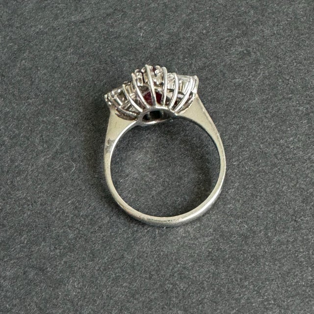 Vintage Faux Ruby Cocktail Ring Pear Baguette Sterling Silver Cubic Zirconia Halo Cluster Size 8 For Sale - Image 6 of 11