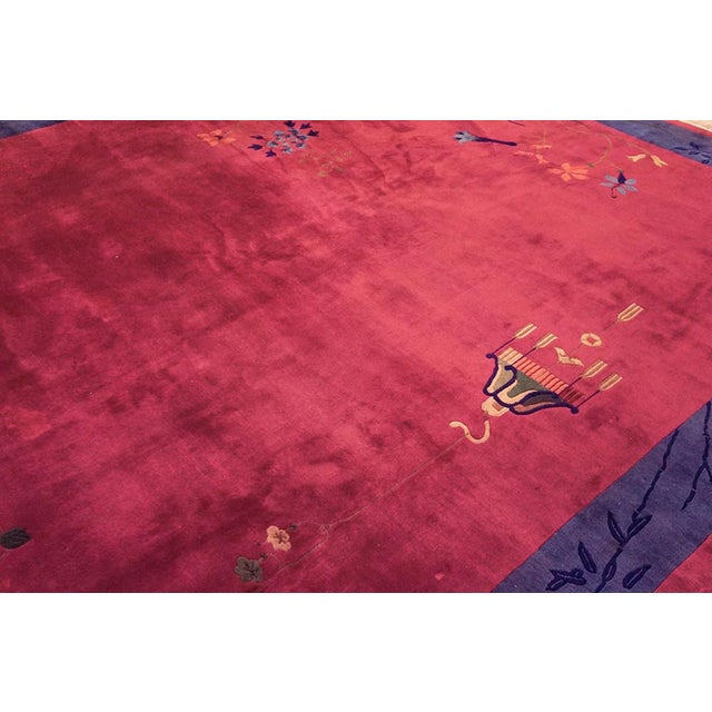 Raspberry Pink 1920s Raspberry Pink Floral Antique Chinese Art Deco Carpet 9'10" X 13'6" Knotted Wool Rug For Sale - Image 8 of 9