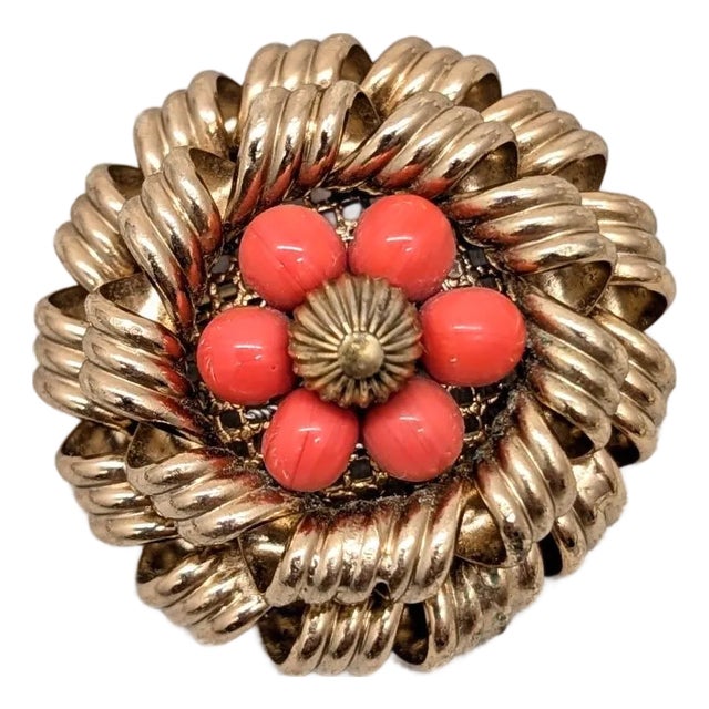 Vintage 1950s Signed Napier Goldtone Faux-Coral Beaded Brooch For Sale