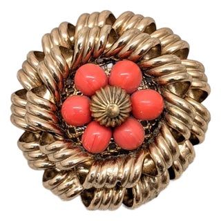 Vintage 1960s Signed Napier Goldtone Faux-Coral Beaded Brooch For Sale