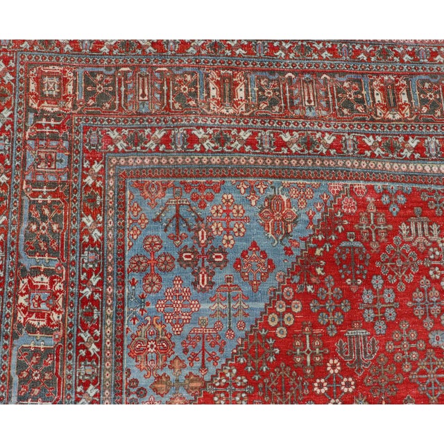 Antique Persian Joshegan Rug With Geometric Medallion Design in Red and Lt. Blue 9'6 X 12'3 For Sale - Image 11 of 15