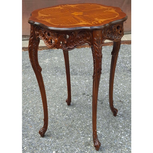 Wood Late 19th Century Refinished French Louis XV Style Carved Walnut and Marquetry Side or Lamp Table For Sale - Image 7 of 11